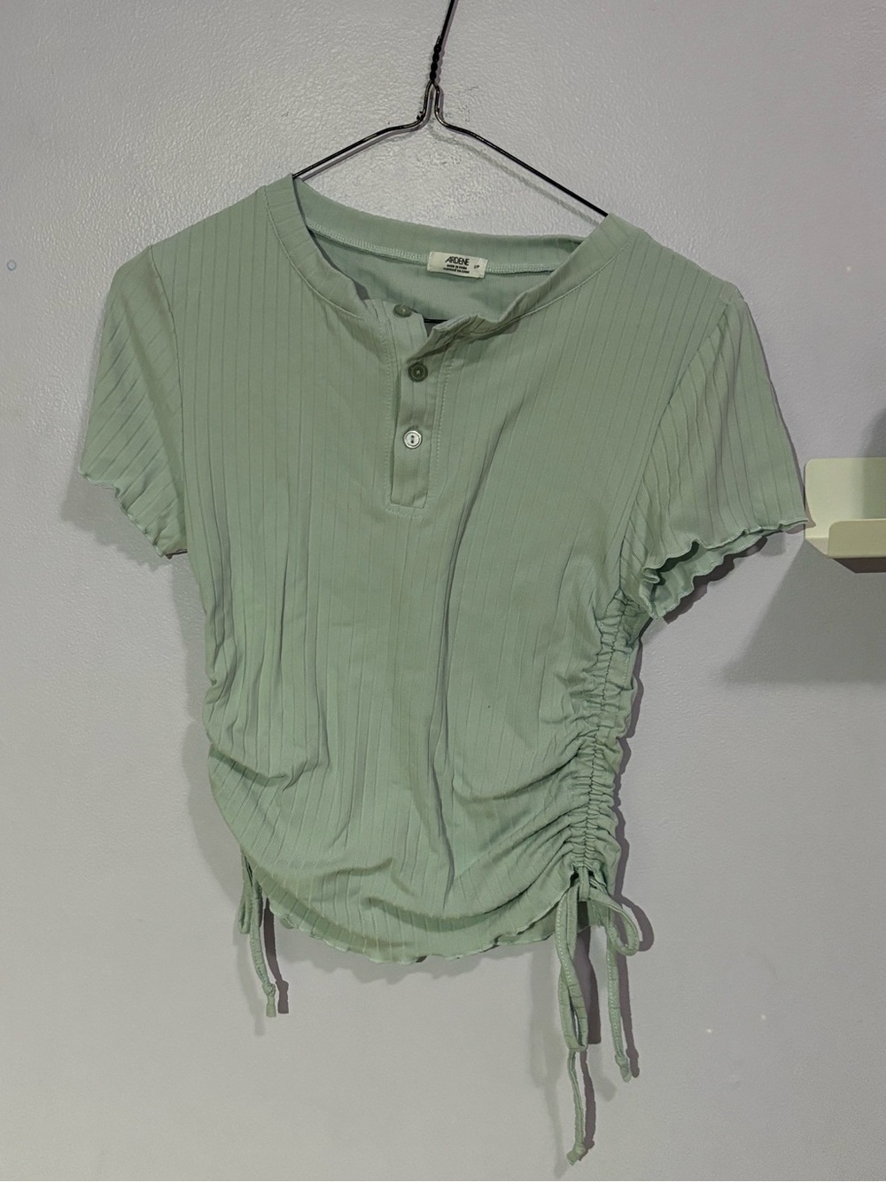 Aerie Sage Ruched Ribbed Henley Tee